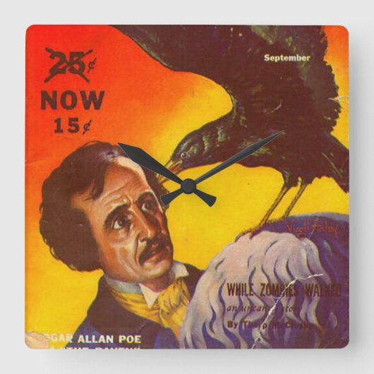 Edgar Allan Poe en Raven Pulp Magazine Hoesje Vierkante Klok (Voorkant)