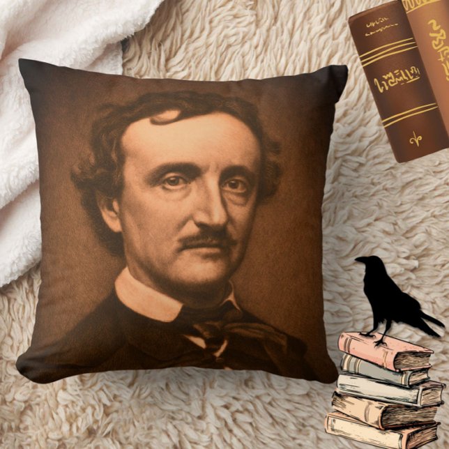Edgar Allan Poe Headshot Gothic Moody Spooky Kussen (Add spooky gothic charm to your home with this moody Edgar Allan Poe throw pillow!)