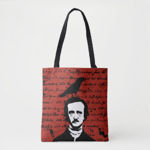 Edgar Allan Poe met Black Raven op rood Tote Bag