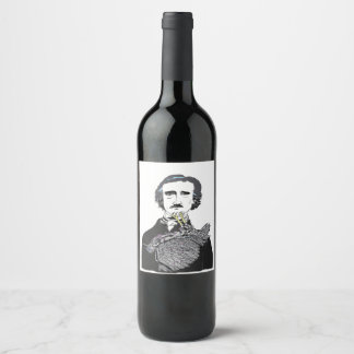 Edgar Allan Poe met een raaf op zijn kin Wijn Etiket