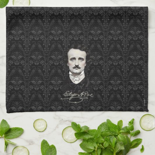 Edgar Allan Poe Portret en handtekening Raven Theedoek (Gevouwen)