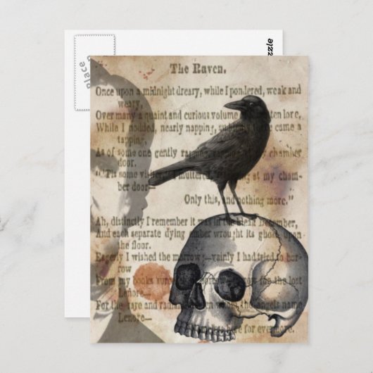 Edgar Allan Poe The Raven Skull en BIrd Briefkaart (Voorkant / Achterkant)