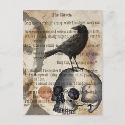 Edgar Allan Poe The Raven Skull en BIrd Briefkaart (Voorkant)