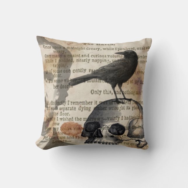 Edgar Allan Poe The Raven & Skull Pillow Kussen (Voorkant)