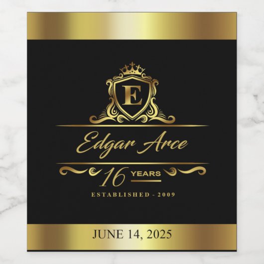 Edgar's 16e zwarte en gouden verjaardagswijn wijn etiket (Enkel label)