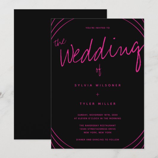 Edge Line Black en Pink Wedding Kaart (Voorkant / Achterkant)