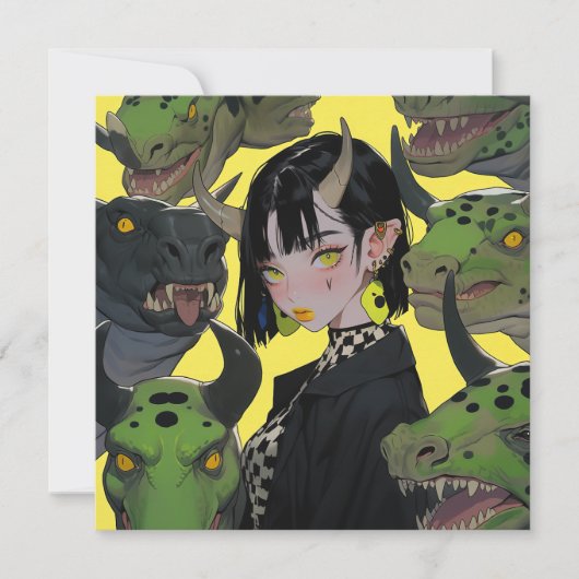 Edgy Anime Meisje met Dinosaurussen Kaart (Voorkant)