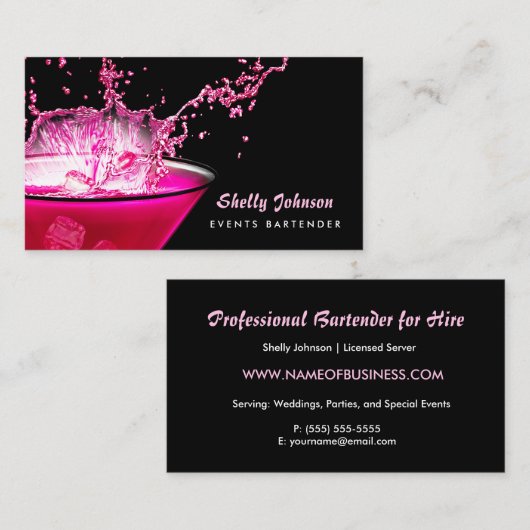 Edgy Black en Pink Splash Evenementen Bartender Visitekaartje (Voorkant / Achterkant)