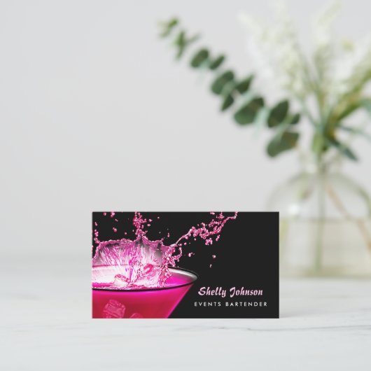 Edgy Black en Pink Splash Evenementen Bartender Visitekaartje (Staand voorkant)