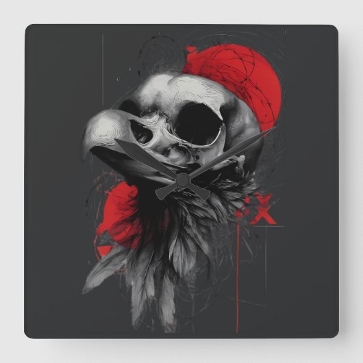 Edgy Crow Skull Gothic Grunge Wall Clock Vierkante Klok (Voorkant)