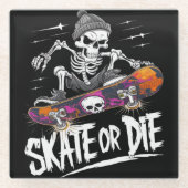 Edgy Halloween Skeleton Riding Skateboard: Monochr Glazen Onderzetter (Voorkant)
