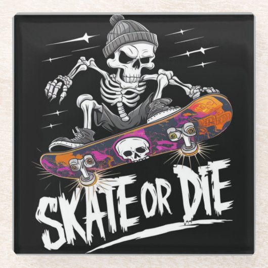 Edgy Halloween Skeleton Riding Skateboard: Monochr Glazen Onderzetter (Voorkant)