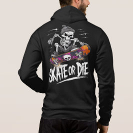 Edgy Halloween Skeleton Riding Skateboard: Monochr Hoodie