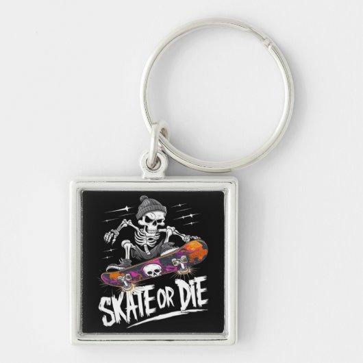 Edgy Halloween Skeleton Riding Skateboard: Monochr Sleutelhanger (Voorkant)