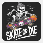 Edgy Halloween Skeleton Riding Skateboard: Monochr Vierkante Sticker (Voorkant)
