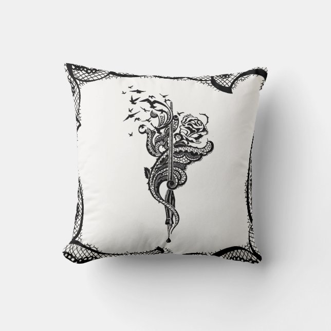 Edgy Lace Pen, Roos & Vogelillustratie Kussen (Voorkant)