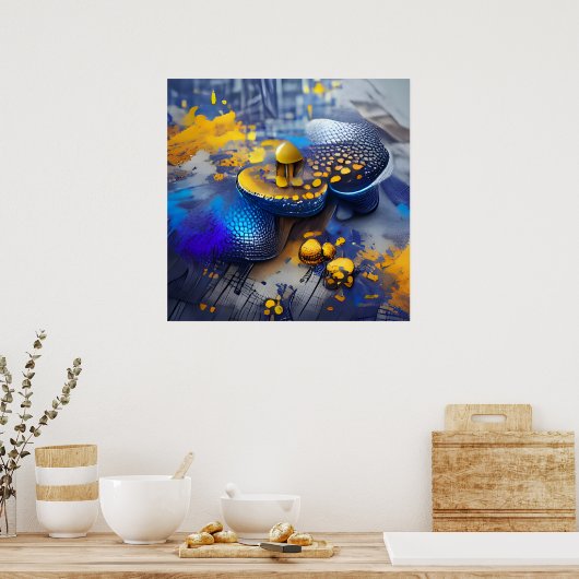 Edgy Modern Blue Yellow Metallic Pop Art Poster (Keuken)