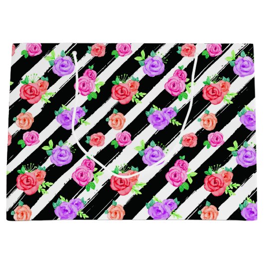 Edgy Rozen & Modern Stripes Bloemen Mode Party Groot Cadeauzakje (Voorkant)