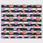 Edgy Rozen & Modern Stripes Trendy Verjaardagsfees Cadeaupapier (Vlak)