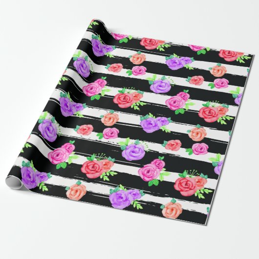 Edgy Rozen & Modern Stripes Trendy Verjaardagsfees Cadeaupapier (Uitgerold)