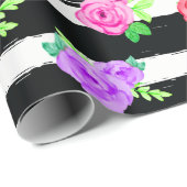 Edgy Rozen & Modern Stripes Trendy Verjaardagsfees Cadeaupapier (Rol Hoek)