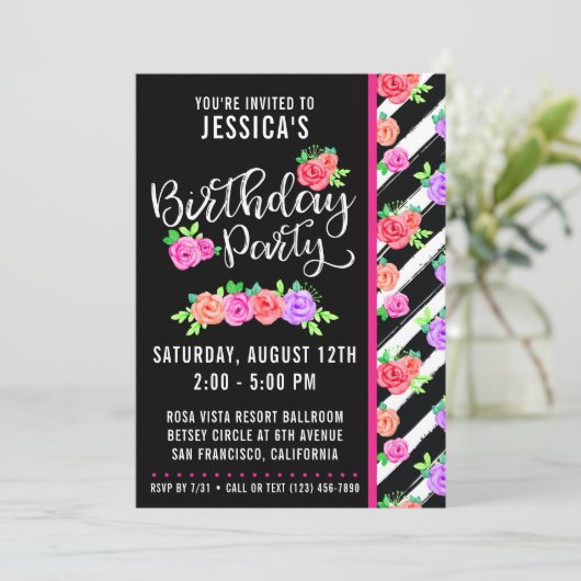 Edgy Rozen & Modern Stripes Verjaardagsuitnodiging Kaart (Staand voorkant)