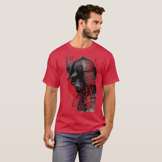 Edgy Samurai Warrior Japanese Ink Art Red Sun T-shirt (Voorkant volledig)