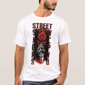 Edgy Skeleton Hand Holding Burning Rose Streetwear T-shirt (Voorkant)