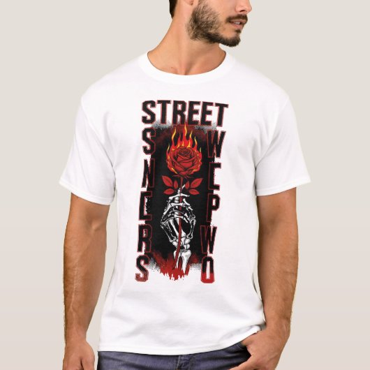Edgy Skeleton Hand Holding Burning Rose Streetwear T-shirt (Voorkant)