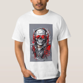 Edgy Skull met hoofdtelefoon en rode accenten T-shirt