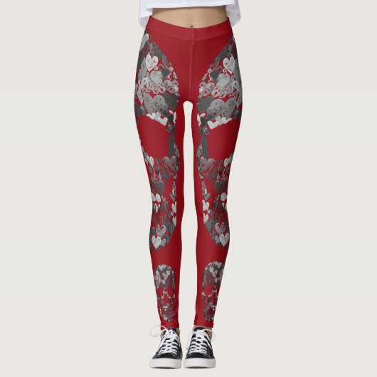 Edgy Skull Pattern | Grey Skulls on Red Leggings (Voorkant)