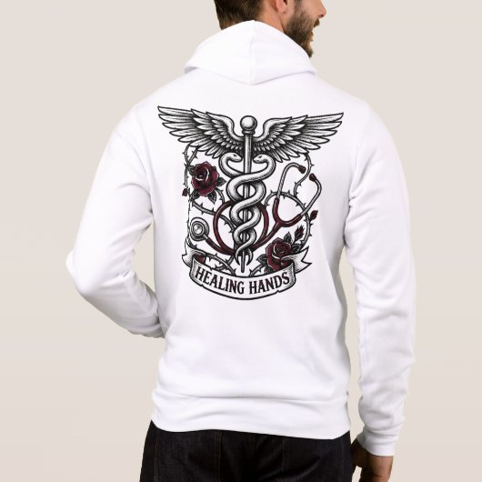 Edgy Tattoo Nurse Skull & Healing Hands Caduceus  Hoodie (Achterkant)