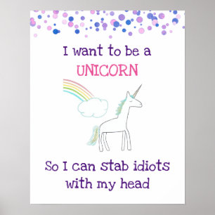 Edgy Unicorn met regenboog en Confetti Funny Poster