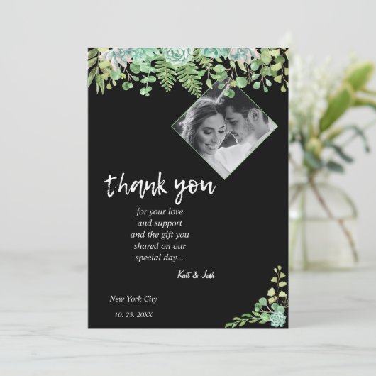 Edgy Zwart Eucalyptus Bruiloft Dank u KAART (Staand voorkant)