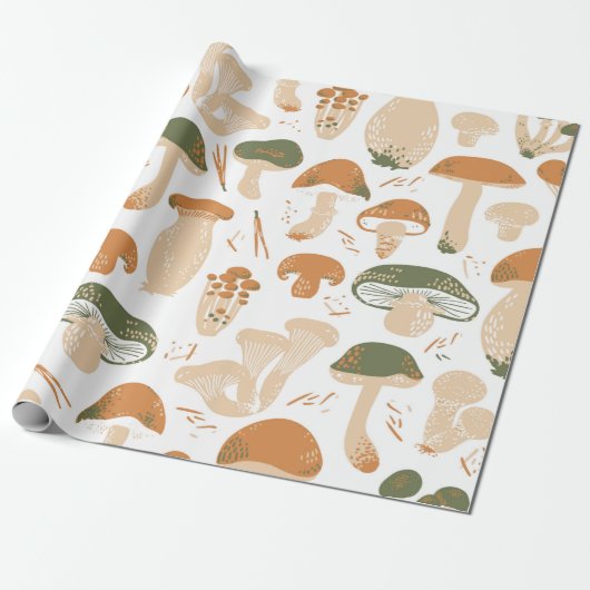 Edible Mushrooms seamless pattern. Linocut old sty Cadeaupapier (Uitgerold)
