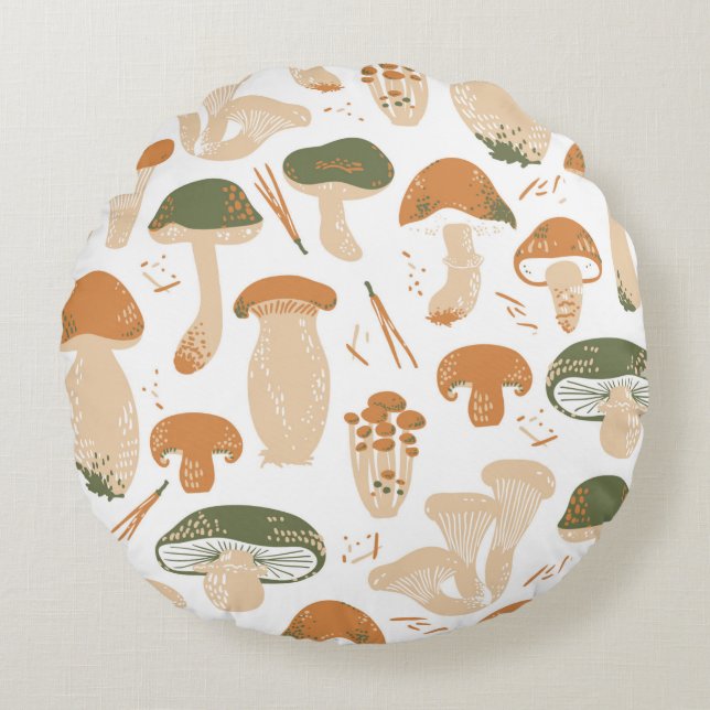 Edible Mushrooms seamless pattern. Linocut old sty Rond Kussen (Voorkant)