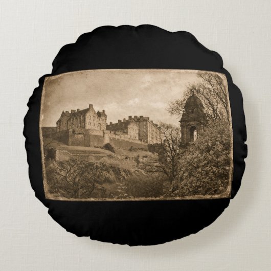 Edinburgh Castle Sepia Photograph Rond Kussen (Voorkant)