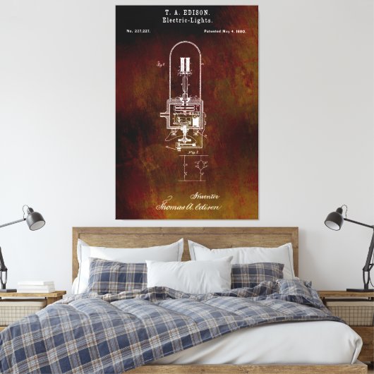 Edison Lightbulb Patent 1880 Canvas Afdruk (Insitu (Slaapkamer))