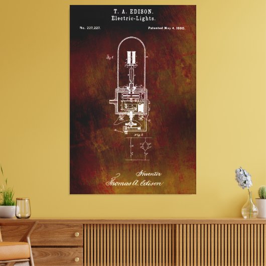 Edison Lightbulb Patent 1880 Canvas Afdruk (Insitu (Woonkamer))
