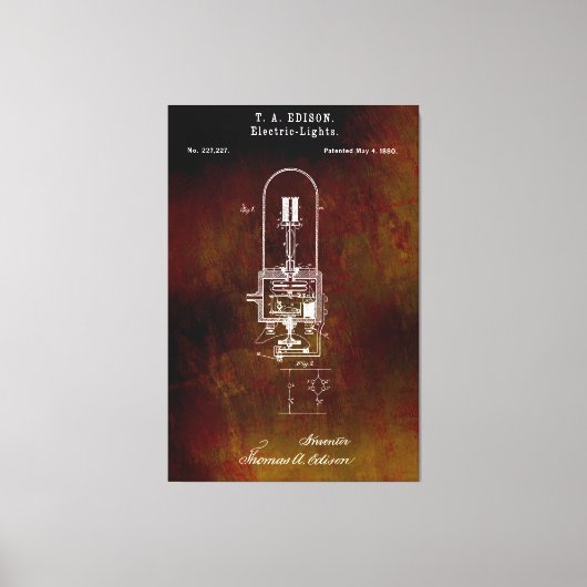 Edison Lightbulb Patent 1880 Canvas Afdruk (Voorkant)
