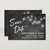 Edison Lights and Chalkboard Modern Save the Date RSVP Kaartje (Voorkant / Achterkant)