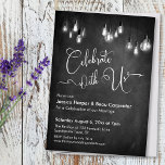 Edison Lights Chalkboard Event van US Kaart<br><div class="desc">Deze elegante, maar rustige trouwreceptiekaart bevat een getextureerde krijtbordachtergrond die is bedekt met afbeeldingen die hangende, grayscale Edison-lichten afbeelden. Ik heb een uitgewerkte, moderne manuscriptdoopvont gebruikt om grafiek terug te geven die de woorden "vieren met ons"op de voorzijde en "liefde"op de rug afschilderen. Uw eigen tekst wordt gemakkelijk toegevoegd om...</div>