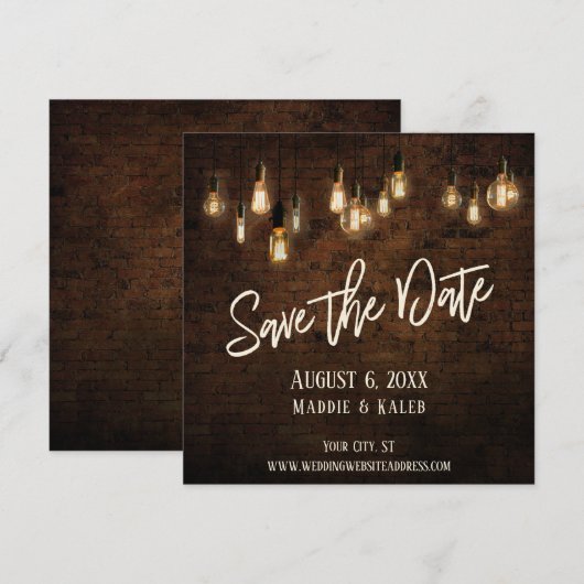 Edison Lights & Industrial Brown Brick Wall Save The Date (Voorkant / Achterkant)