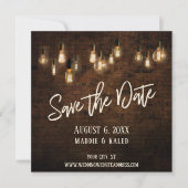 Edison Lights & Industrial Brown Brick Wall Save The Date (Voorkant)