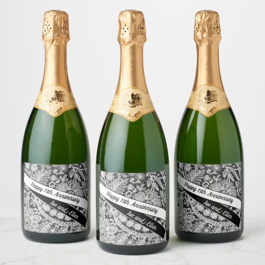 Editable 13th Wedding Jubileum, Lace Sparkling Wijnetiket (Flessen)