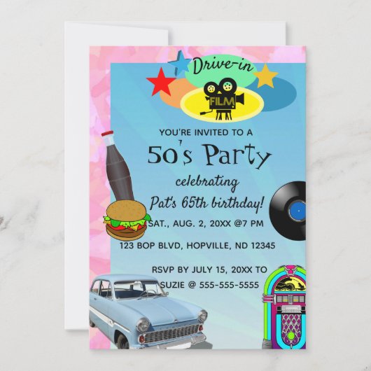 Editable 1950s Birthday Party Invitation Kaart (Voorkant)