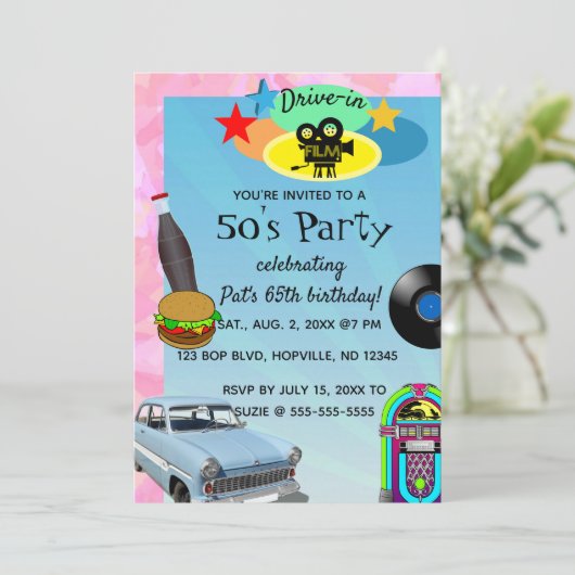 Editable 1950s Birthday Party Invitation Kaart (Staand voorkant)