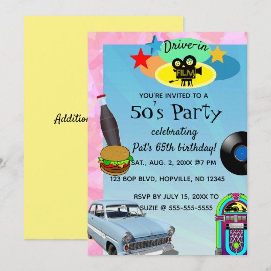Editable 1950s Birthday Party Invitation Kaart (Voorkant / Achterkant)