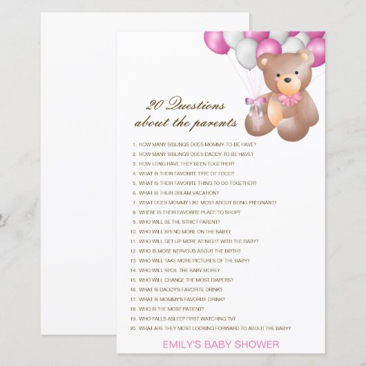 Editable 20 Vragen over het Baby shower van Ouders (Voorkant / Achterkant)