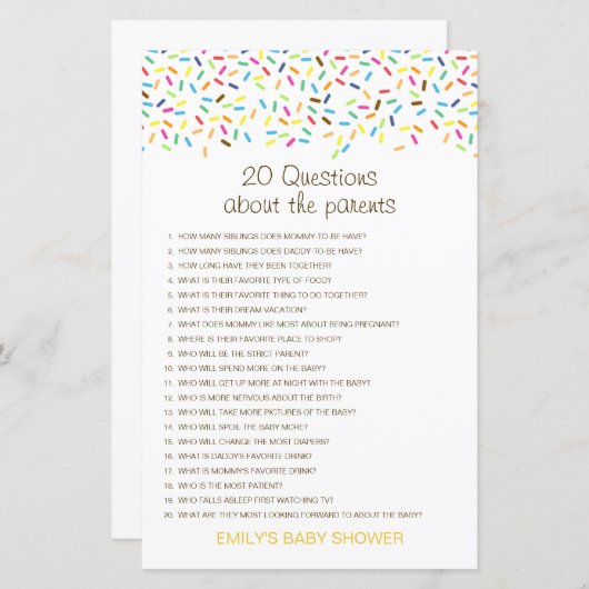 Editable 20 Vragen over het Baby shower van Ouders (Voorkant / Achterkant)